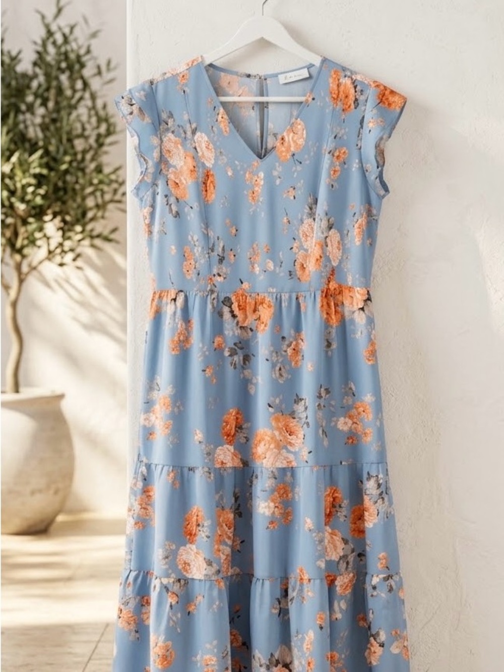 Blue Floral V-Neck Tiered Maxi Dress with Orange Blooms